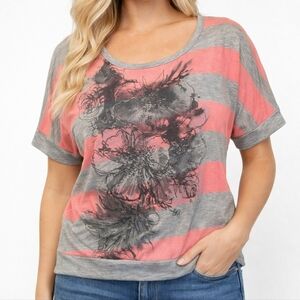 Daytrip by Buckle Pink Gray Floral Striped Batwing Top Y2K Large